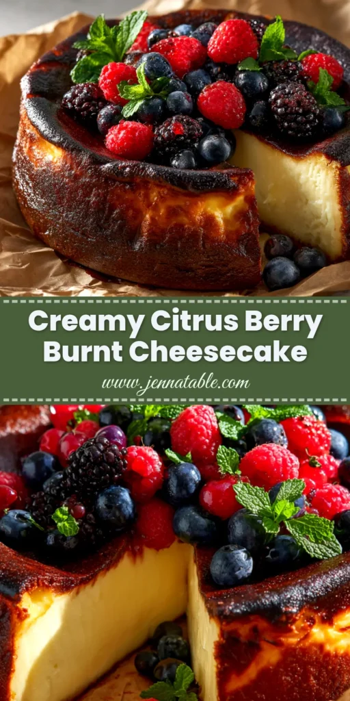 A stunning slice of Citrus Berry Burnt Cheesecake on a plate, showcasing its creamy center, berry swirl, and iconic dark caramelized top.