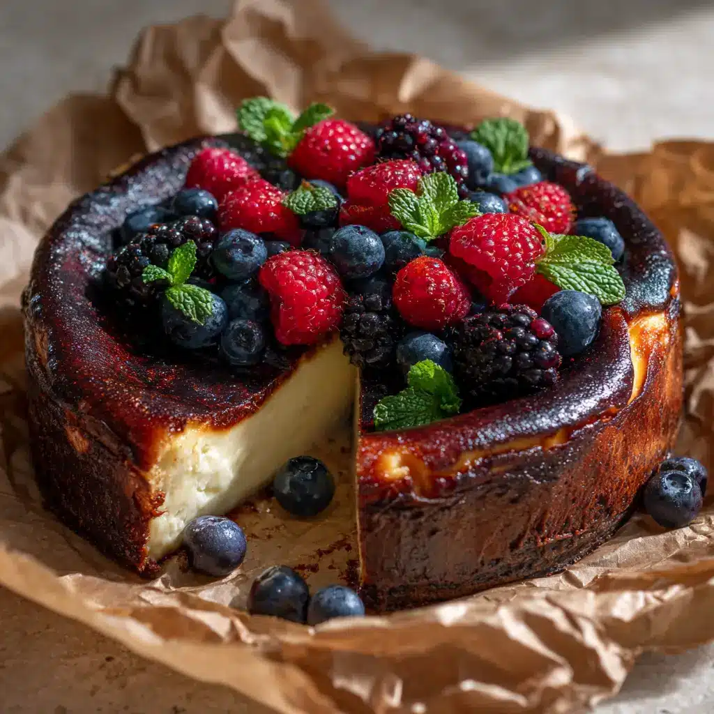 A close-up shot of the creamy cheesecake batter with a vibrant berry coulis being swirled in before baking.