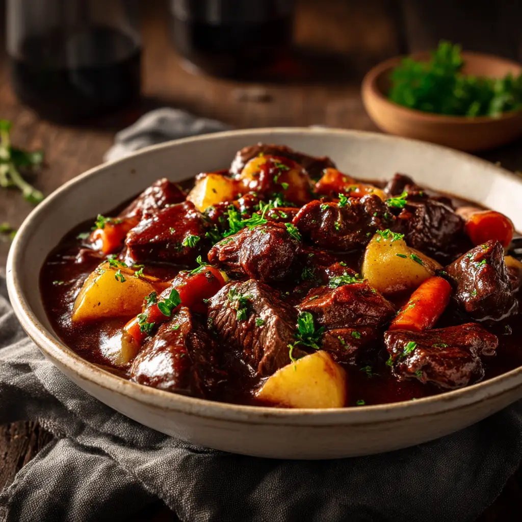 Boeuf Bourguignon Recipe (A Foolproof Guide) 1 A plated serving of classic beef bourguignon over creamy mashed potatoes, garnished with fresh parsley. The beef is visibly tender and coated in a glossy sauce.