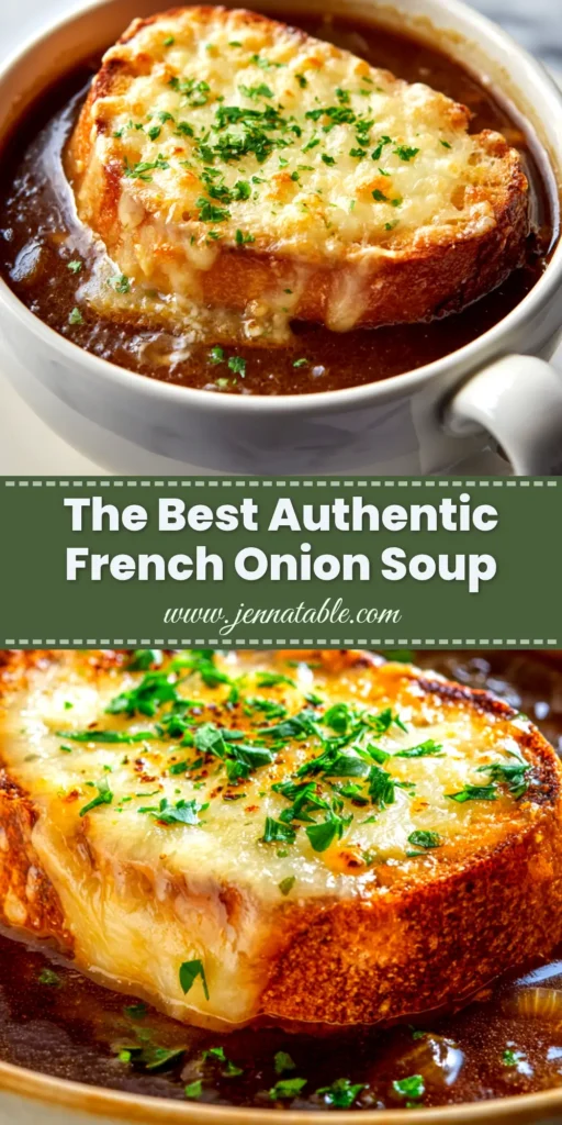 Classic French Onion Soup Recipe 3 A close-up shot of a ceramic bowl filled with classic French Onion Soup, featuring a golden-brown, bubbly Gruyère cheese topping over a toasted baguette.