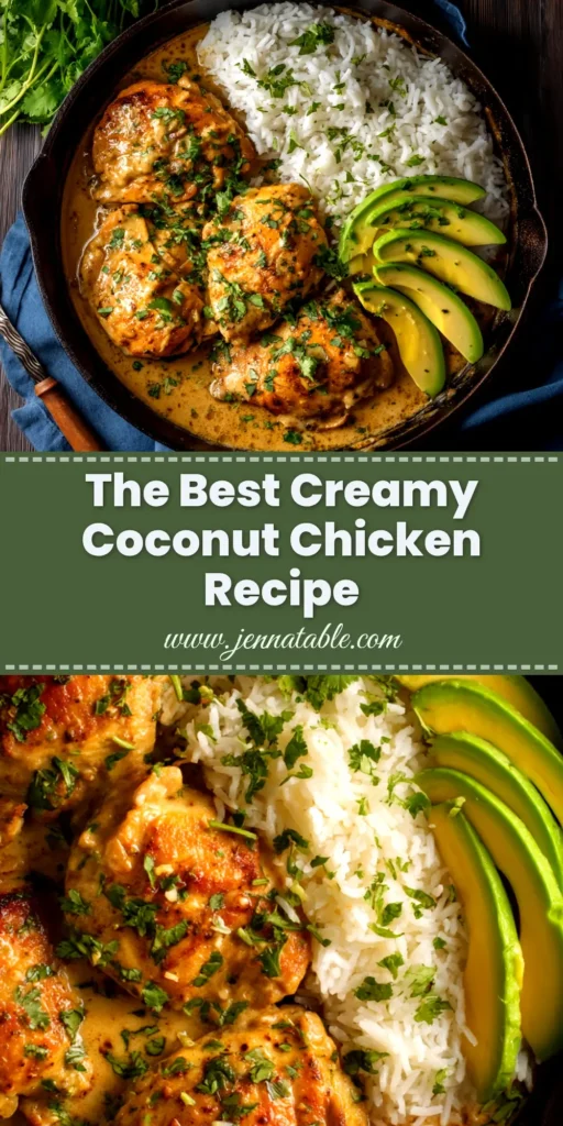 Coconut Chicken Recipe (Creamy & Easy!) 3 A shareable pin image for a creamy coconut chicken recipe, showing the final dish in a bowl with text overlay for Pinterest.