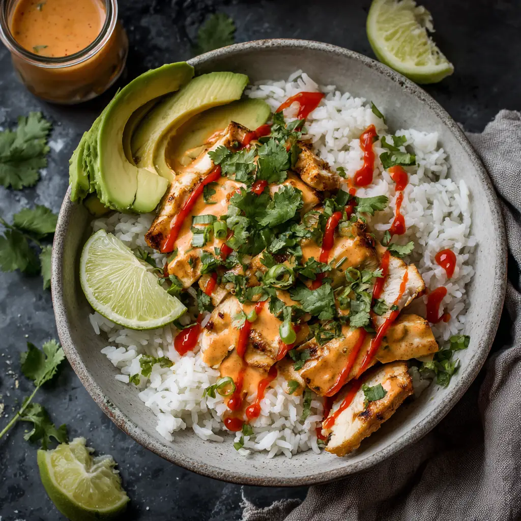 Coconut Chicken Rice Bowl (Easy & Creamy Recipe) 1 A finished Coconut Chicken Rice Bowl from a side angle, showing the fluffy rice, creamy chicken, and fresh garnishes.