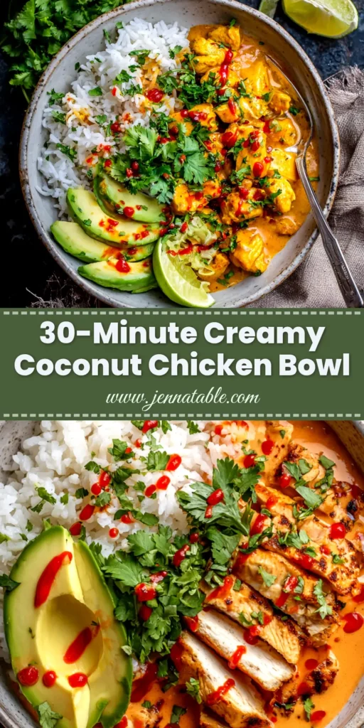 Coconut Chicken Rice Bowl (Easy & Creamy Recipe) 4 An overhead shot of a creamy Coconut Chicken Rice Bowl in a white bowl, garnished with cilantro and sesame seeds. The text overlay reads 'Easy Coconut Chicken Rice Bowl'.