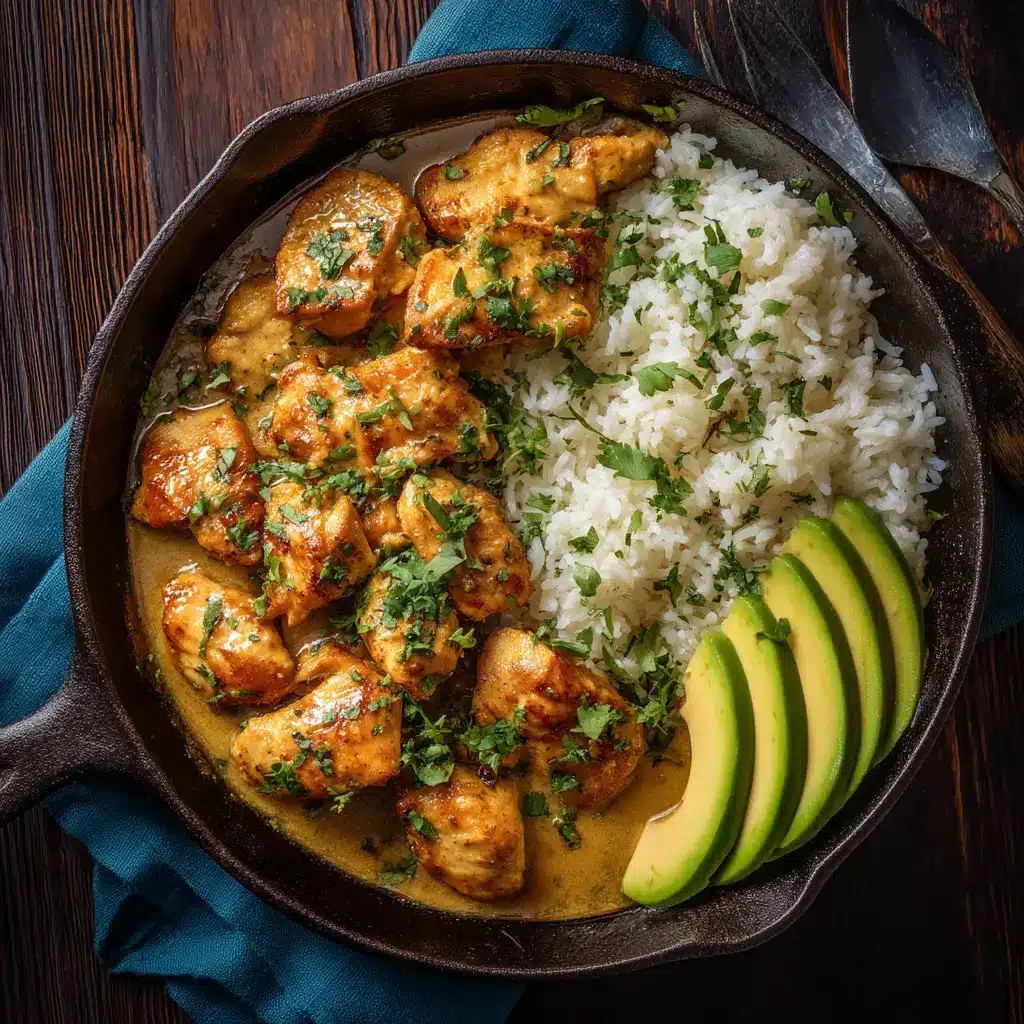 Coconut Chicken Recipe (Creamy & Easy!) 1 A spoonful of the coconut chicken being lifted from the skillet, showing the tender chicken and thick, creamy sauce.