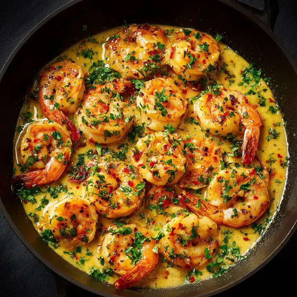 A skillet filled with cooked shrimp coated in a rich and creamy coconut garlic sauce, garnished with cilantro.