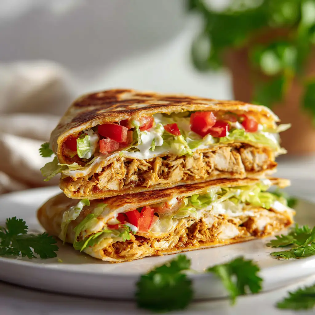 A finished golden brown chicken crunch wrap supreme shown whole and cut in half on a plate, ready to be served.