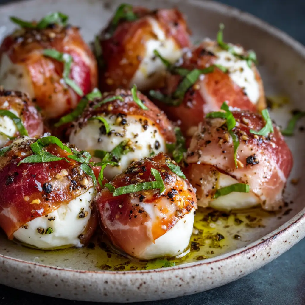 A final platter of cooked prosciutto mozzarella appetizers, garnished with fresh basil leaves. The prosciutto is crispy and golden brown.
