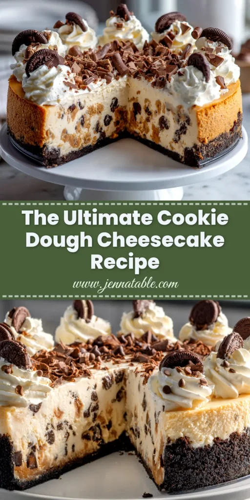 A slice of decadent cookie dough cheesecake on a white plate, showing creamy texture and chunks of chocolate chip cookie dough.