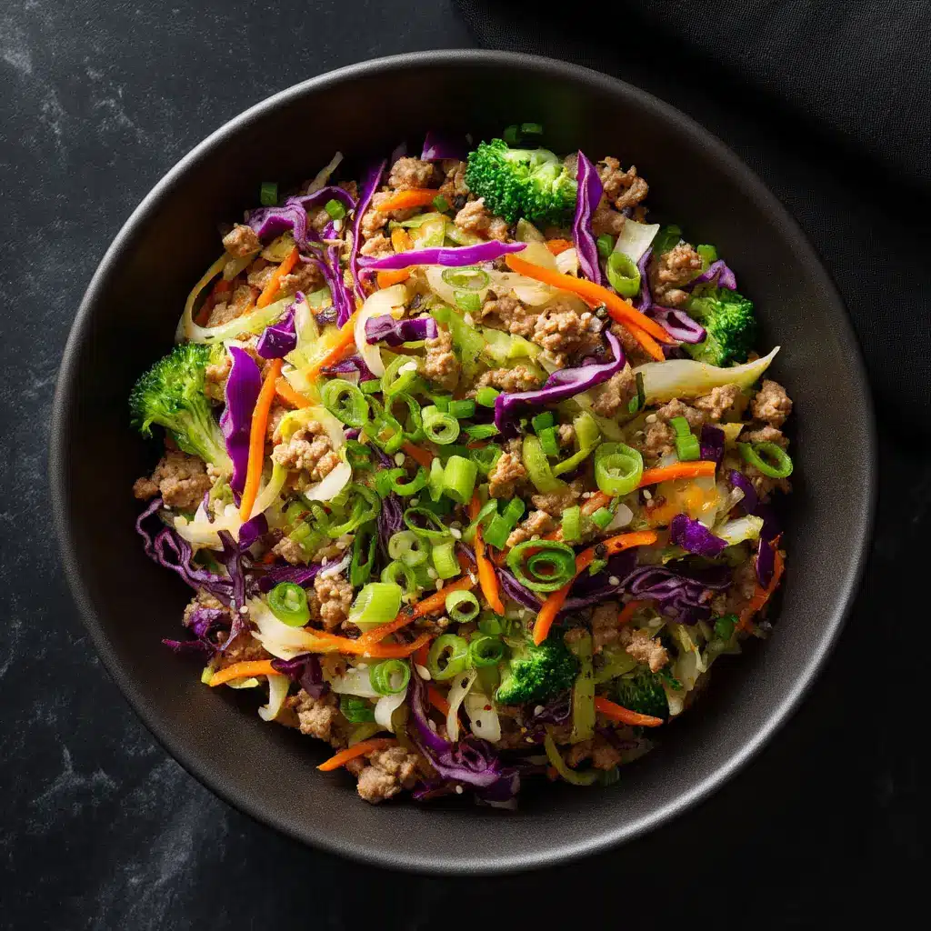 A close-up view of the ingredients for the high protein egg roll stir fry, including lean ground turkey and shredded cabbage, being cooked in a pan.