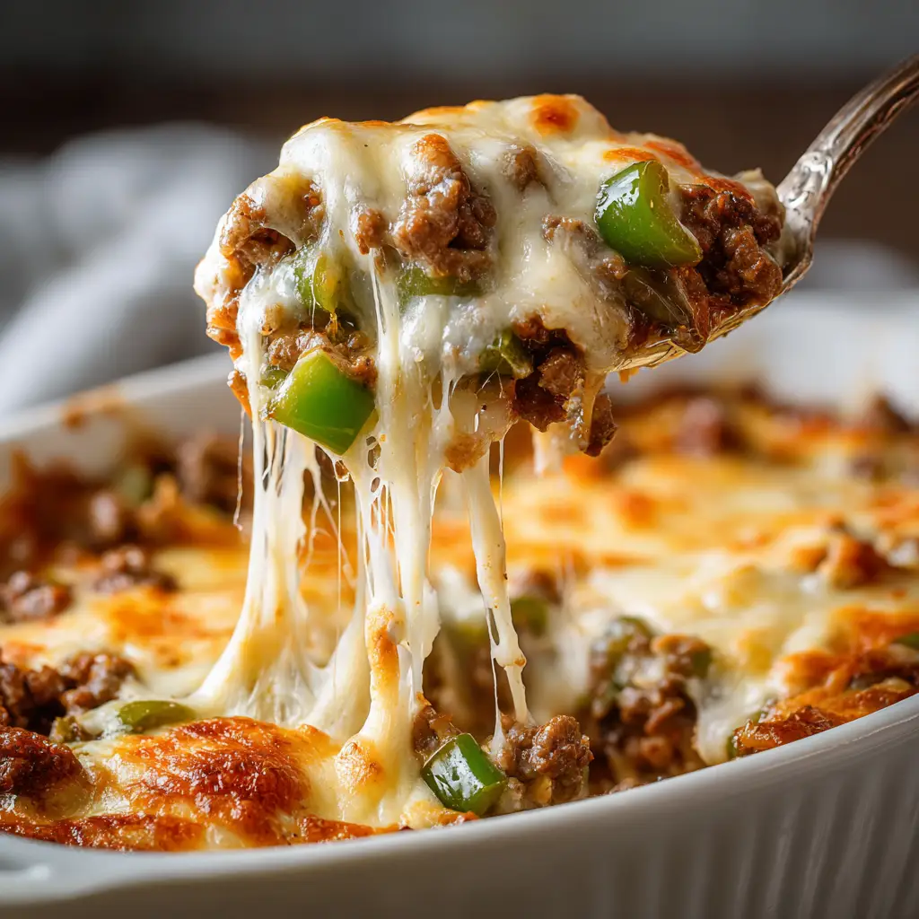 Low Carb Philly Cheesesteak Casserole: The Ultimate Keto Comfort Food 1 The steak and vegetable mixture for the low carb cheesesteak casserole cooking in a cast-iron skillet before baking.
