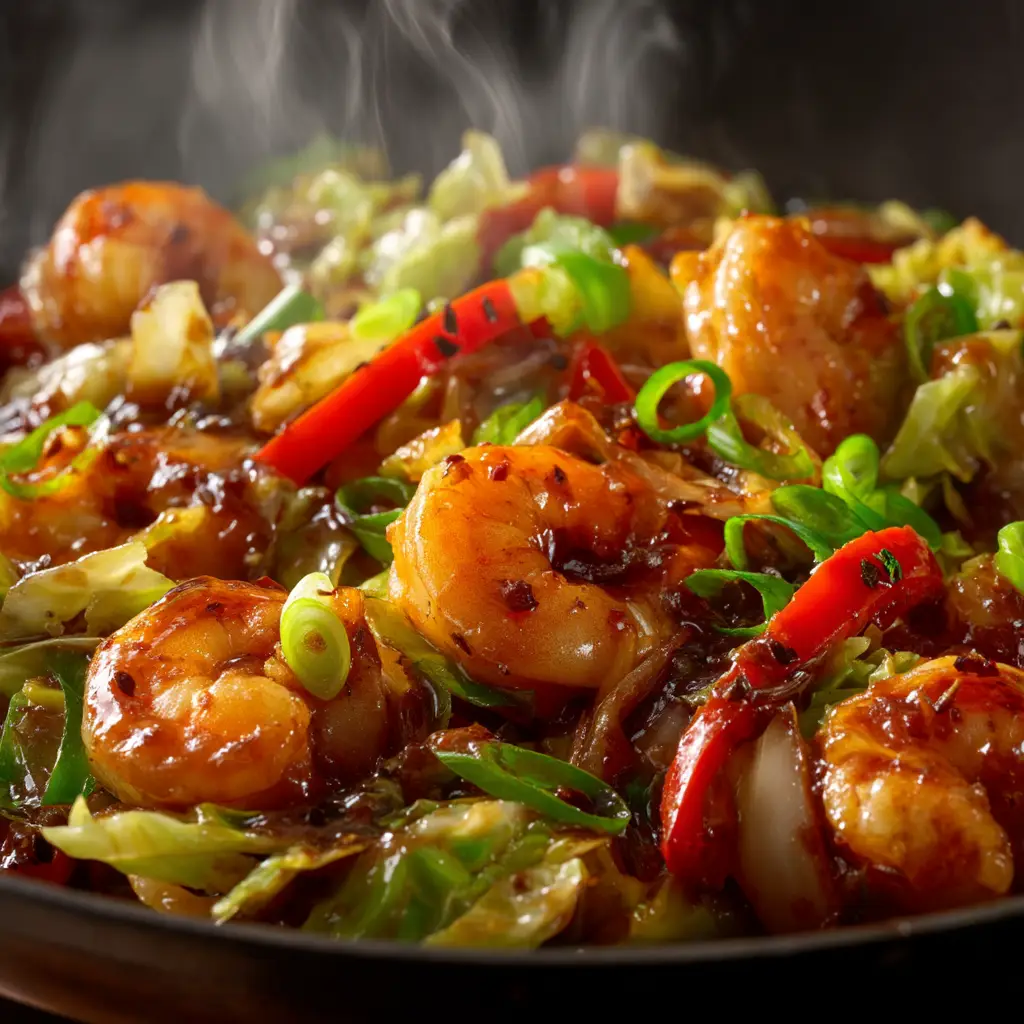A close-up shot of the stir-fry in a pan, showing the crisp cabbage mixed with tender shrimp and coated in a delicious sauce.