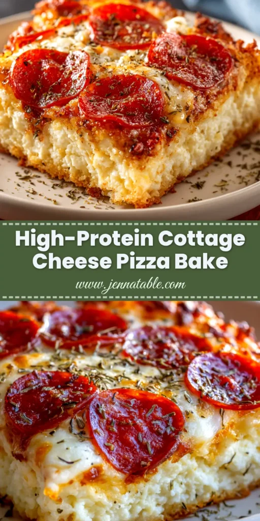 A shareable pin image for the viral Cottage Cheese Pizza Bake, showing the final dish with text overlay for Pinterest.