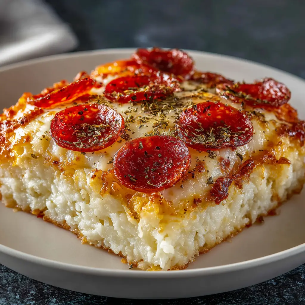 The entire Cottage Cheese Pizza Bake in a baking dish, fresh out of the oven with bubbly cheese and crisp pepperoni.