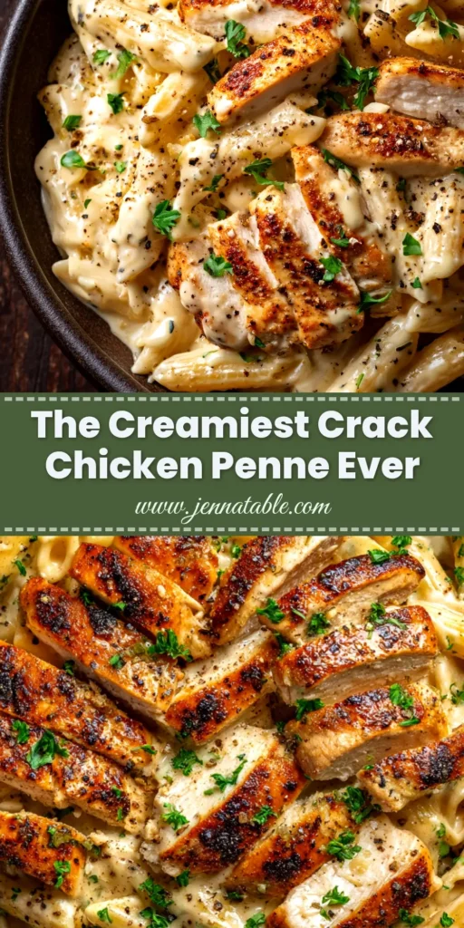 Crack Chicken Penne: The Ultimate Creamy & Cheesy Recipe 3 A top-down view of a white bowl filled with creamy Crack Chicken Penne, garnished with crispy bacon and fresh green onions.