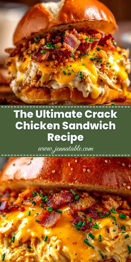Crack Chicken Sandwiches (The Ultimate Guide) 4 A delicious Crack Chicken Sandwich on a brioche bun, overflowing with creamy shredded chicken, bacon, and melted cheese, ready to be pinned.