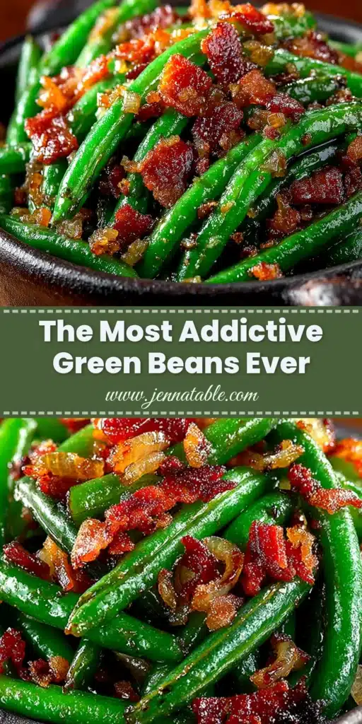 A top-down view of a white serving dish filled with delicious Crack Green Beans, topped with crispy bacon. The perfect holiday side dish.