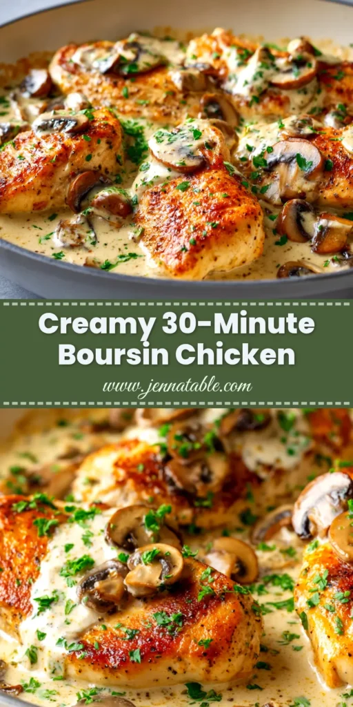 A skillet of creamy Boursin chicken with fresh parsley garnish. The chicken is golden brown, nestled in a luscious white sauce, ready to be served for an easy weeknight dinner.