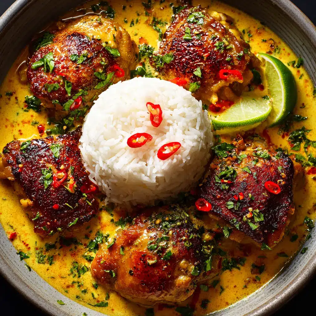 Brazilian Coconut Chicken: An Authentic Moqueca de Galinha 2 A close-up overhead shot of creamy coconut chicken stew with colorful bell peppers and fresh herbs in a serving dish.