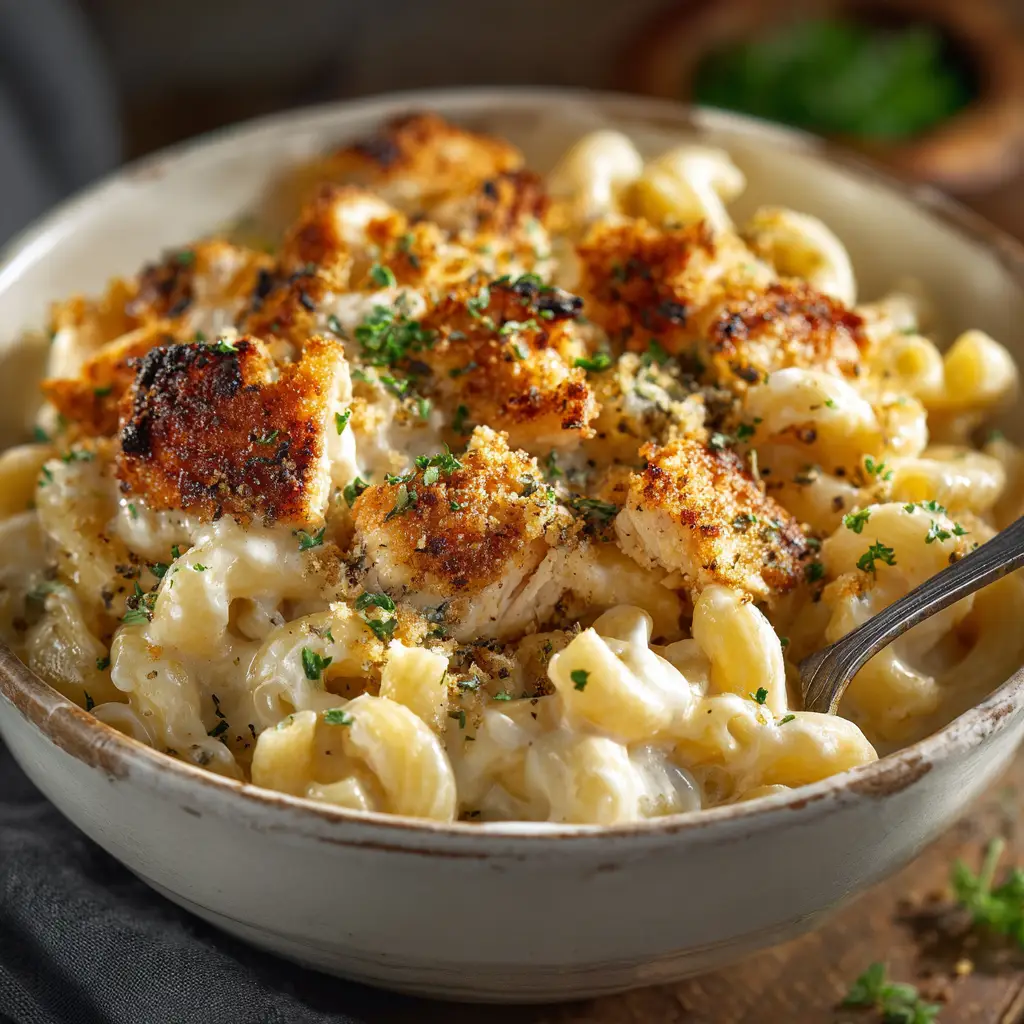 Cajun Chicken Mac and Cheese: The Ultimate Creamy & Spicy Recipe 2 A close-up shot of a spoonful of creamy Cajun chicken pasta, showing the rich cheese sauce and seasoned chicken.