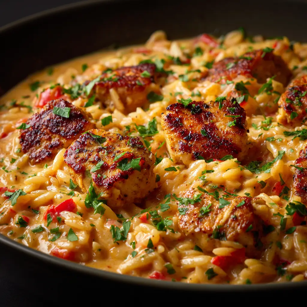 Cajun Chicken Alfredo Orzo: A Creamy, One-Pot Wonder 2 A close-up, top-down view of the creamy Cajun orzo with perfectly cooked chicken pieces mixed in.