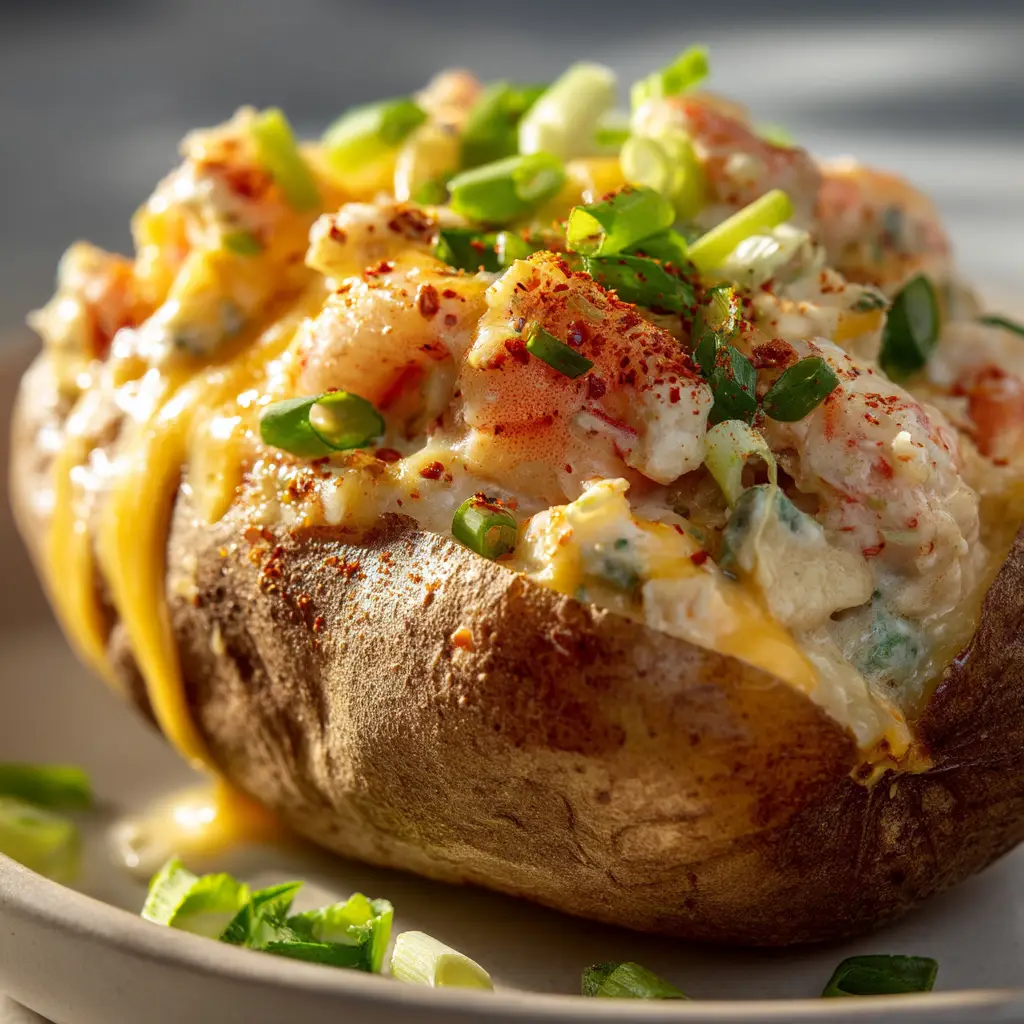 Cajun Seafood Stuffed Potatoes (The Ultimate Creamy Recipe!) 1 An overhead view of the creamy Cajun seafood filling being mixed in a bowl, showing chunks of shrimp, crab, and fresh green onions in a rich sauce.