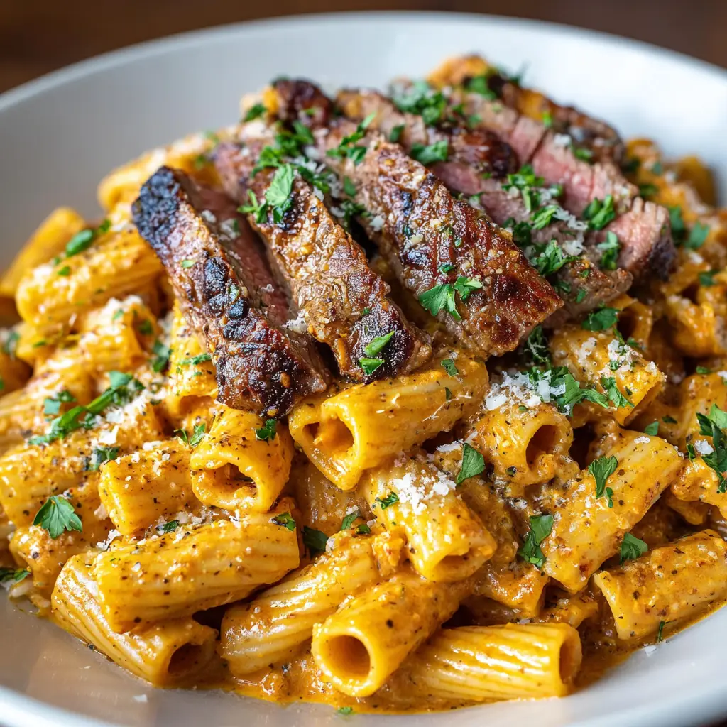 Cajun Steak Pasta: A Creamy, Spicy Weeknight Delight 2 A close-up shot of creamy Cajun steak rigatoni, showing the texture of the rich sauce clinging to the pasta and a juicy slice of steak.
