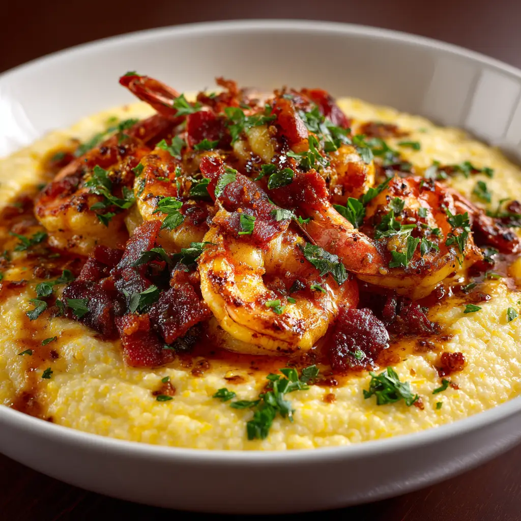 Shrimp and Grits Recipe: The Ultimate Southern Classic 2 A close-up shot of creamy, cheesy grits being stirred in a saucepan, showing their rich and smooth texture.