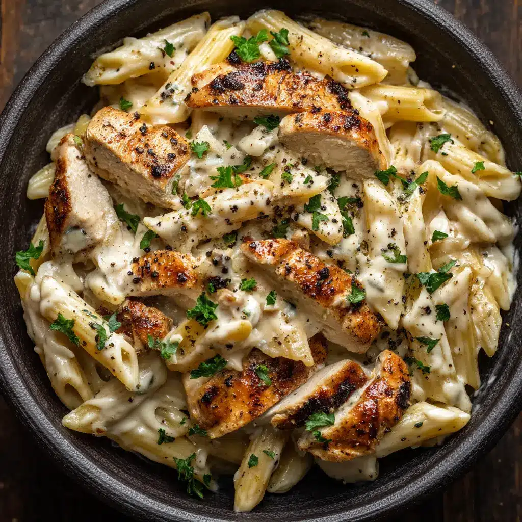 Crack Chicken Penne: The Ultimate Creamy & Cheesy Recipe 2 An extreme close-up overhead shot of creamy chicken bacon ranch pasta, showing the rich texture of the cheese sauce clinging to the penne.