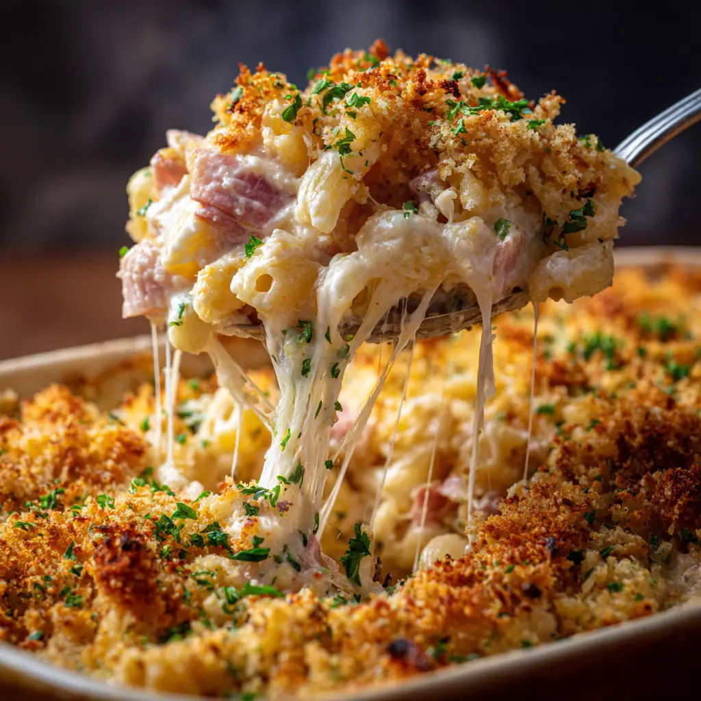 Chicken Cordon Bleu Casserole: The Ultimate Comfort Meal 2 A close-up spoonful of creamy chicken cordon bleu casserole, highlighting the melted swiss cheese and chunks of ham.