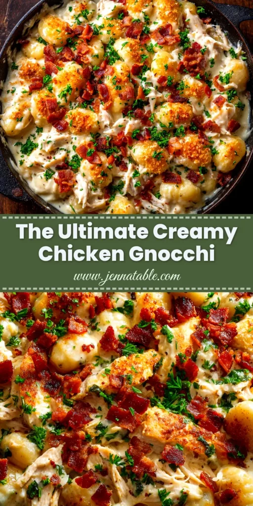 A stunning overhead shot of Creamy Chicken Gnocchi in a skillet, garnished with fresh basil. The perfect pin to showcase this easy one-pan recipe.