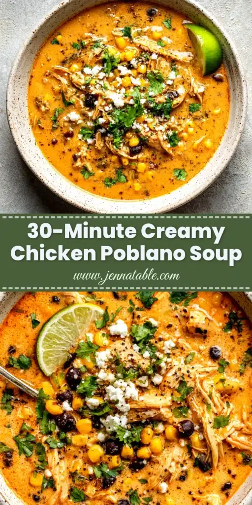 A close-up shot of a bowl of creamy chicken poblano soup, garnished with fresh cilantro and tortilla strips. The perfect cozy dinner idea.