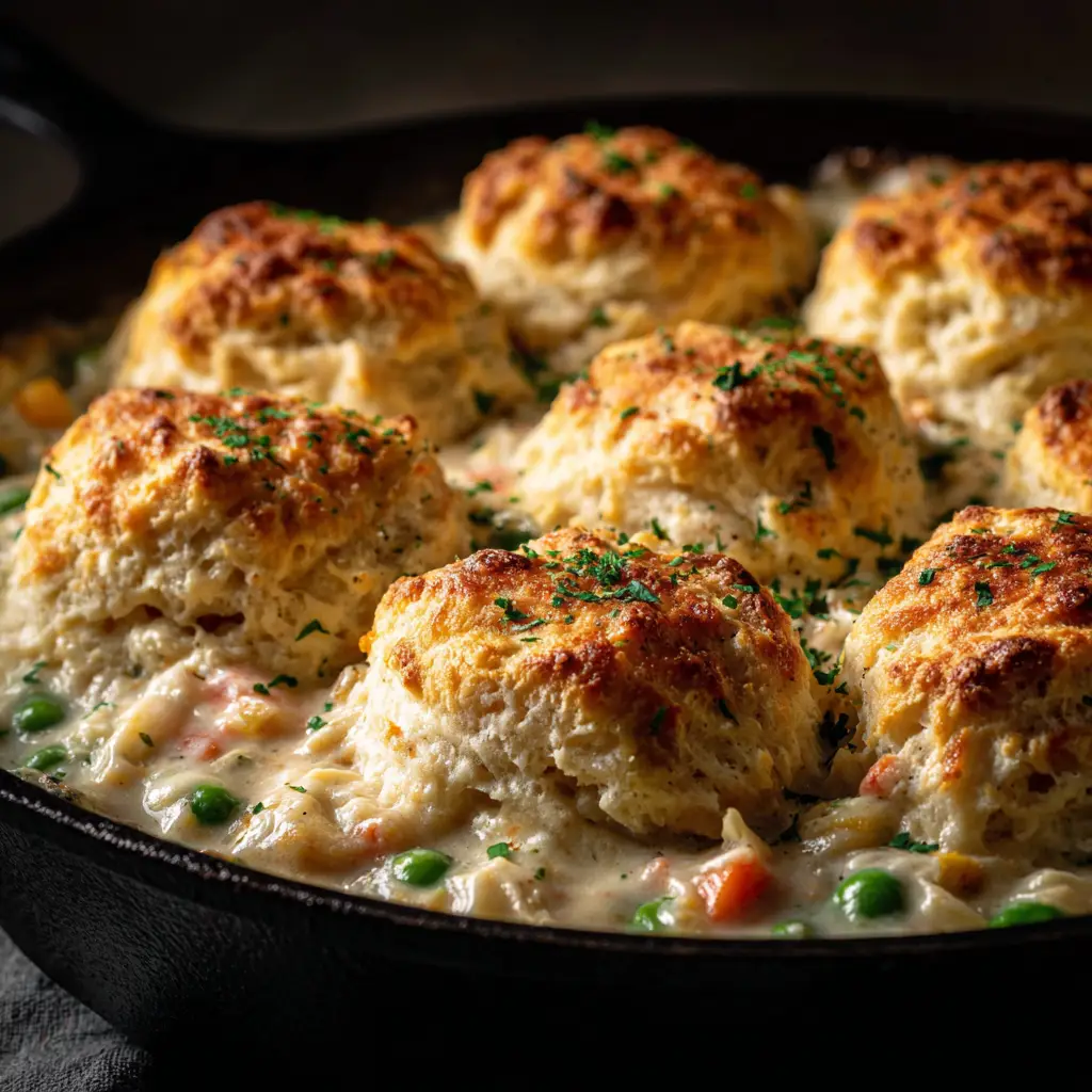 A close-up spoonful of the creamy chicken pot pie filling with vegetables and tender chicken, topped with a piece of cheesy biscuit.