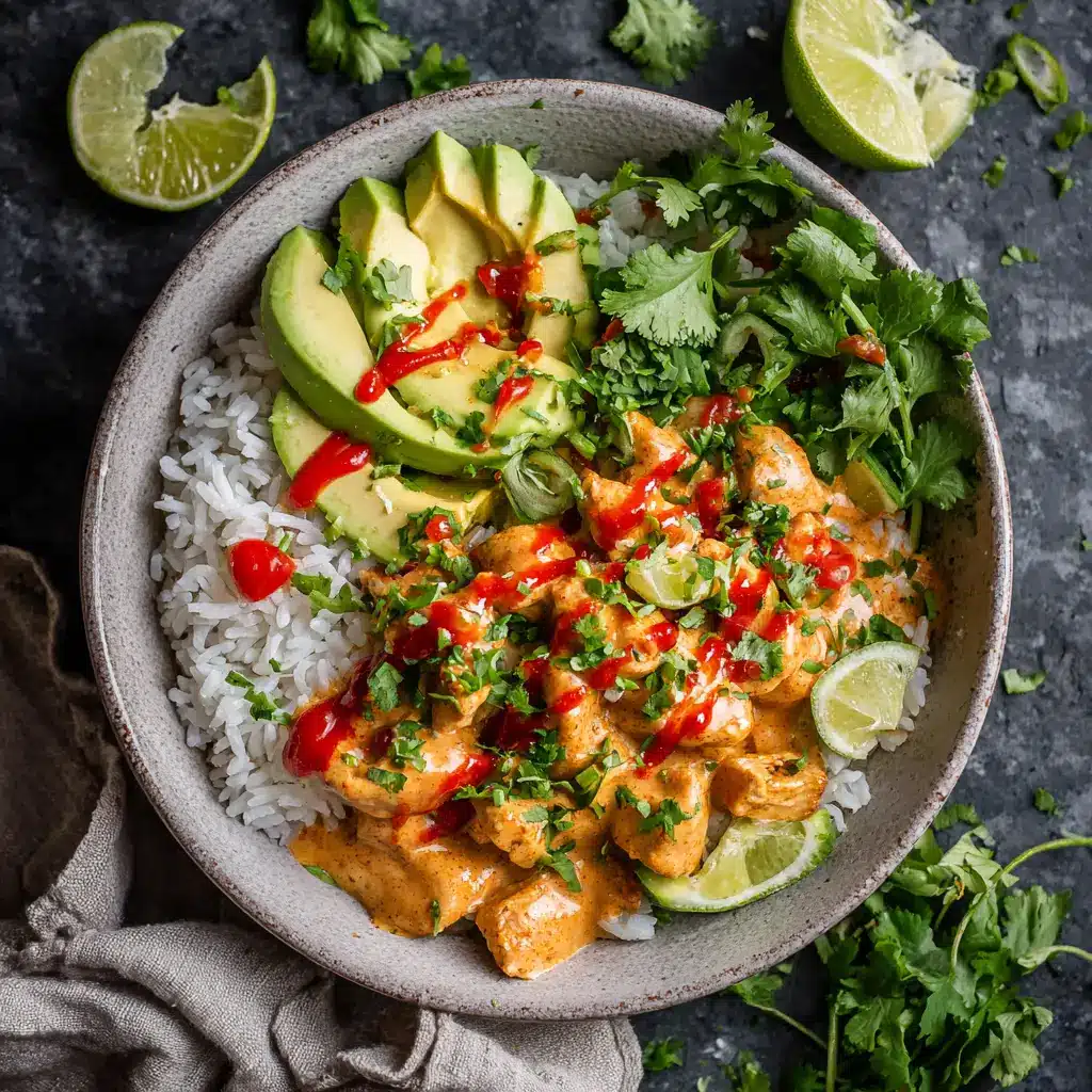 Coconut Chicken Rice Bowl (Easy & Creamy Recipe) 2 A close-up, overhead view of the creamy coconut chicken simmering in a skillet with fresh cilantro.