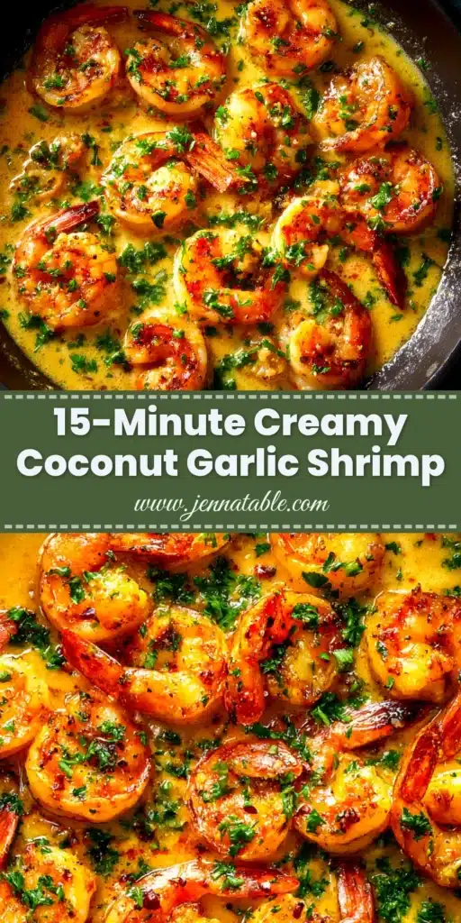 A bowl of Creamy Coconut Garlic Shrimp garnished with fresh cilantro and a lime wedge, ready to be served over rice.