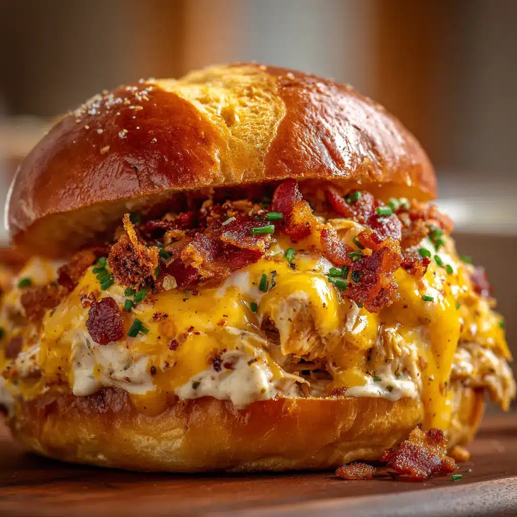 Crack Chicken Sandwiches (The Ultimate Guide) 2 An extreme close-up of the creamy chicken bacon ranch filling used in Crack Chicken Sandwiches, showing the texture of shredded chicken and melted cheese.