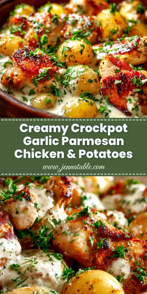 Crockpot Chicken and Potatoes (Creamy Garlic Herb) 3 A savory bowl of crockpot chicken and potatoes in a creamy garlic herb sauce, garnished with fresh parsley. The ultimate easy slow cooker dinner recipe.