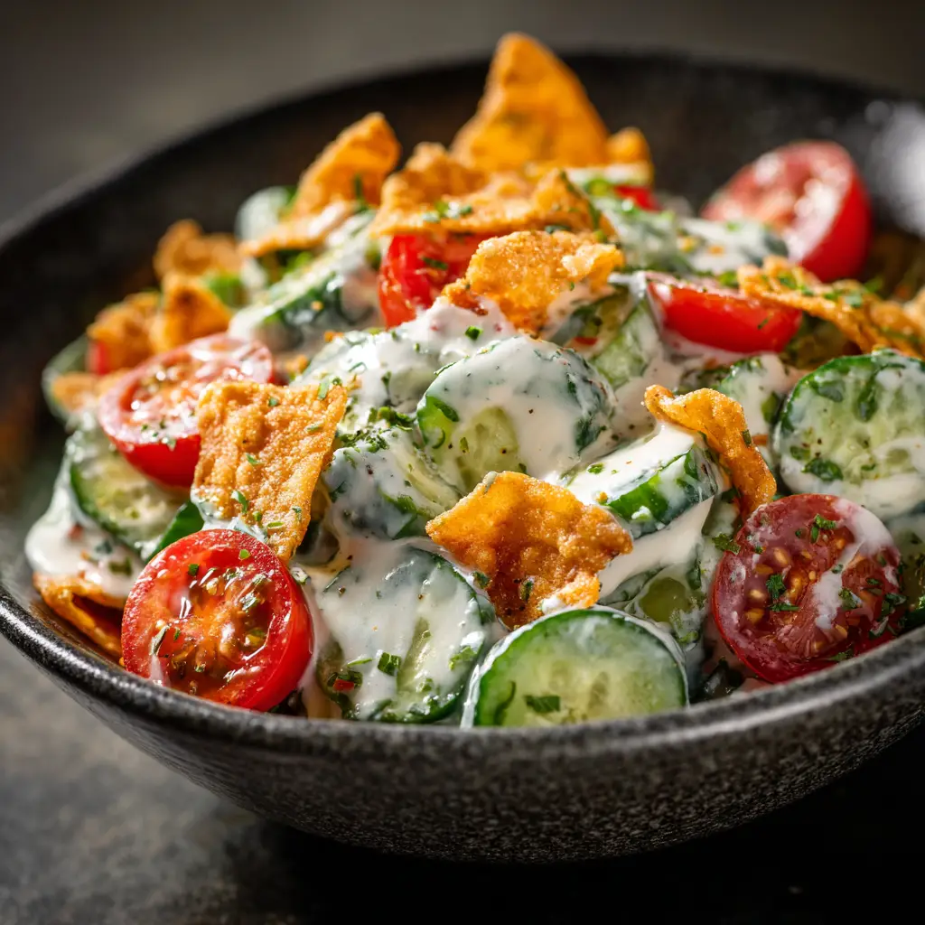 A dark stoneware bowl filled with freshly made creamy cucumber salad, showcasing the thinly sliced cucumbers and onions in a rich ranch dressing.