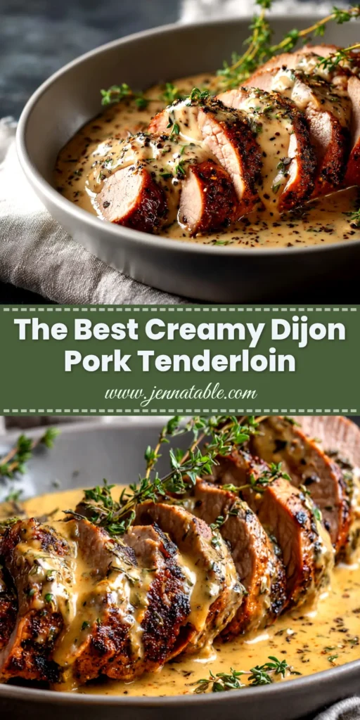 A beautiful overhead shot of sliced Creamy Dijon Pork Tenderloin on a serving platter, generously topped with sauce and fresh parsley. Perfect for a quick weeknight dinner.