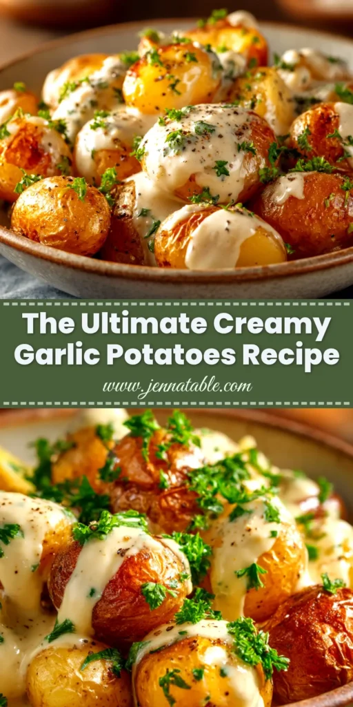 A top-down view of creamy garlic baby potatoes in a rustic black skillet, garnished with fresh parsley. The perfect easy side dish recipe.