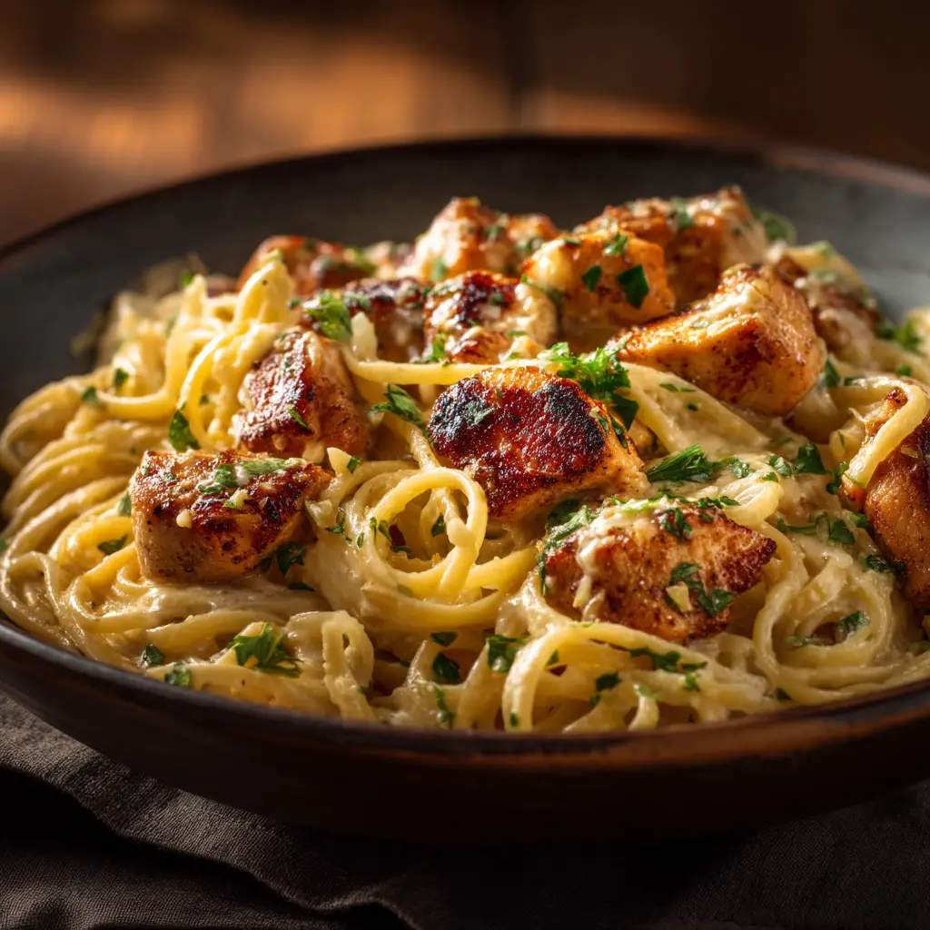 Garlic Butter Chicken Pasta (The Ultimate 30-Minute Recipe) 2 A close-up shot of creamy chicken pasta in a pan, showing the rich texture of the garlic butter sauce.