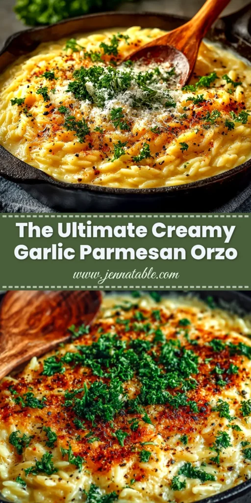 A stunning overhead shot of Creamy Garlic Parmesan Orzo in a white bowl, garnished with fresh parsley. This easy recipe is perfect for a quick weeknight dinner.