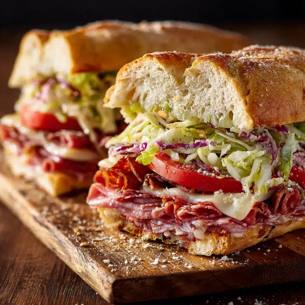 A close-up shot of the creamy grinder salad in a bowl, with crisp lettuce, red onions, and banana peppers coated in a rich Italian dressing.