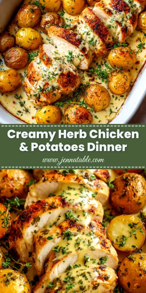 A skillet of Creamy Herb Chicken, with chicken breasts coated in a rich, white cream sauce and garnished with fresh parsley. The perfect one-pan dinner idea.