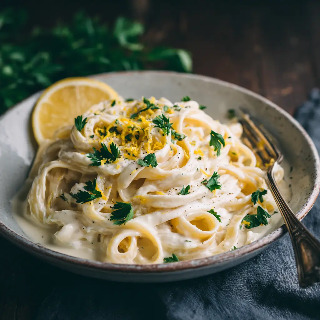 A close-up overhead view of creamy lemon garlic pasta in a rustic bowl, showing the rich texture of the homemade sauce clinging to the noodles.