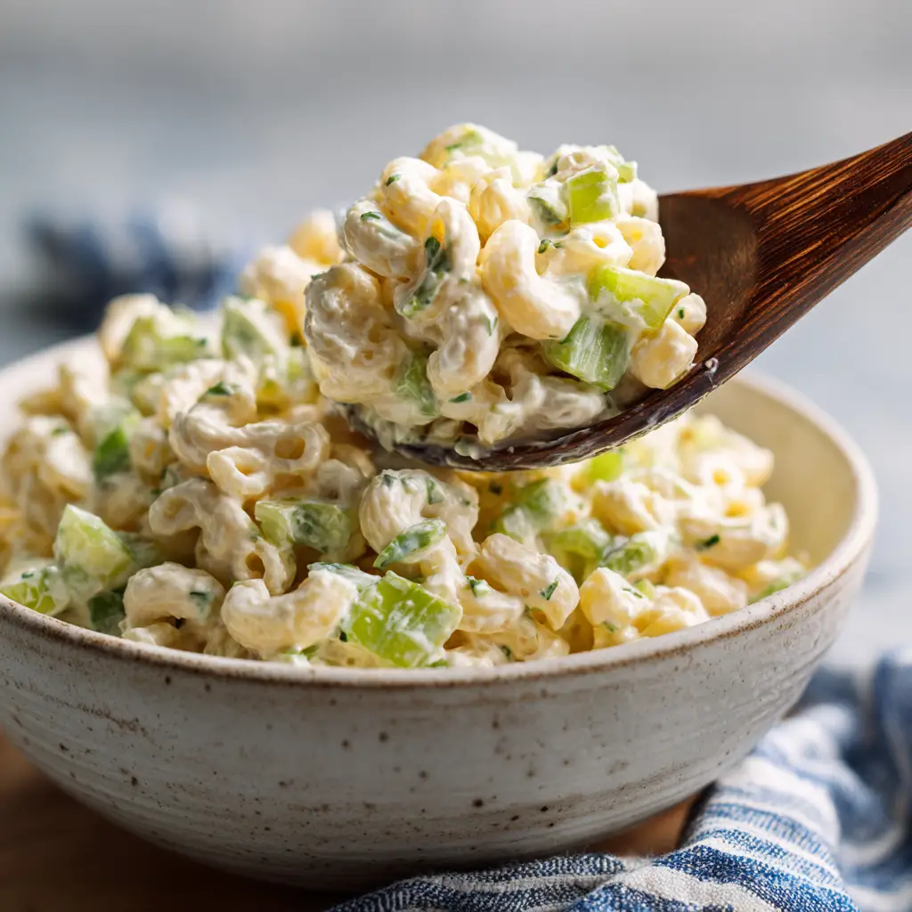 Macaroni Salad Recipe (The Best Creamy & Classic) 2 An extreme close-up overhead shot of creamy macaroni salad, showing the texture of the dressing, pasta, and diced red peppers.