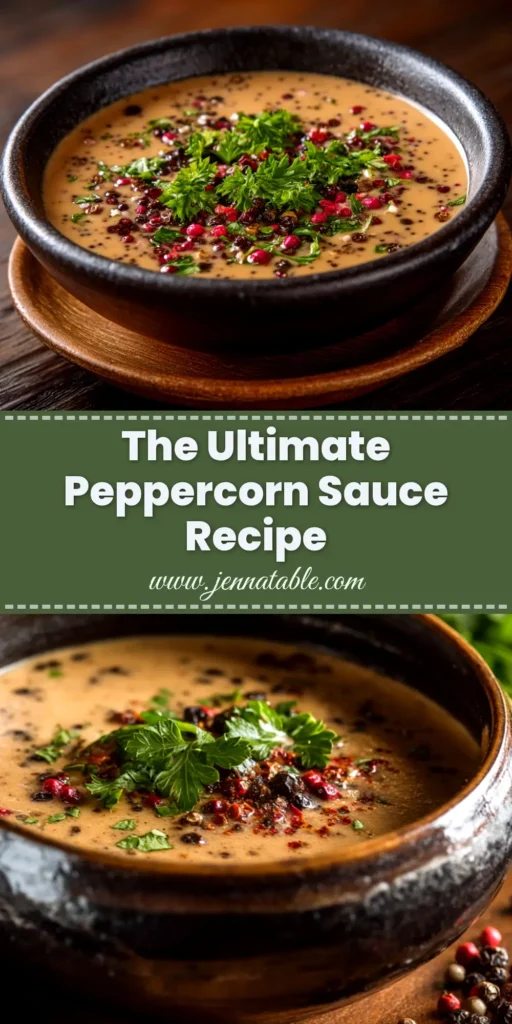 Peppercorn Sauce Recipe (The Ultimate Guide) 3 An overhead shot of a creamy peppercorn sauce in a white serving bowl, garnished with fresh peppercorns. This image showcases the easy and delicious Peppercorn Sauce Recipe.