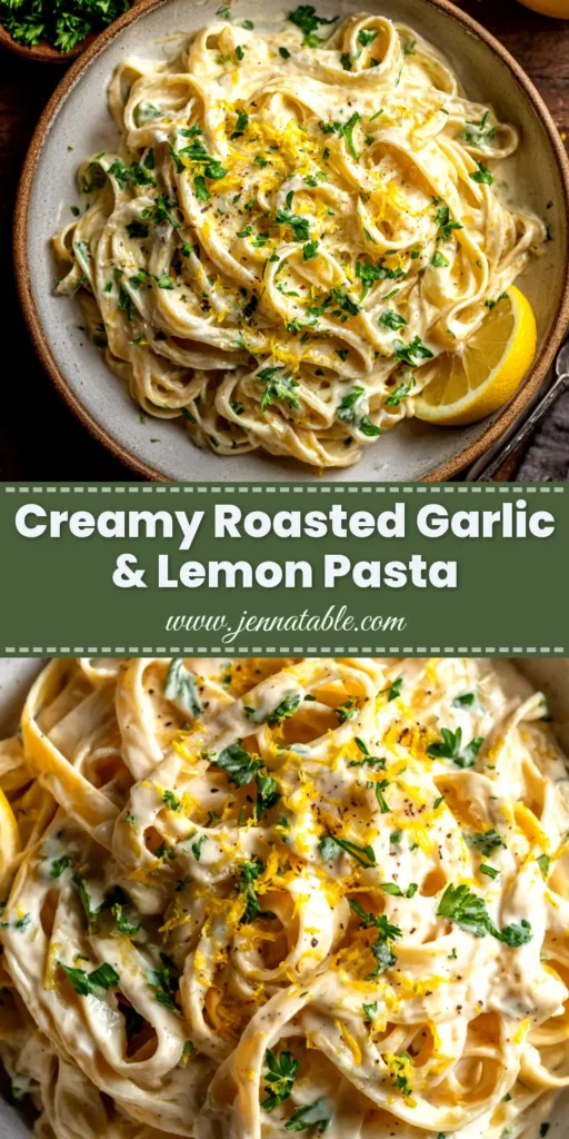 A stunning overhead shot of Creamy Roast Garlic and Lemon Pasta Sauce in a white bowl, garnished with fresh parsley and lemon zest. The perfect easy and elegant dinner recipe.