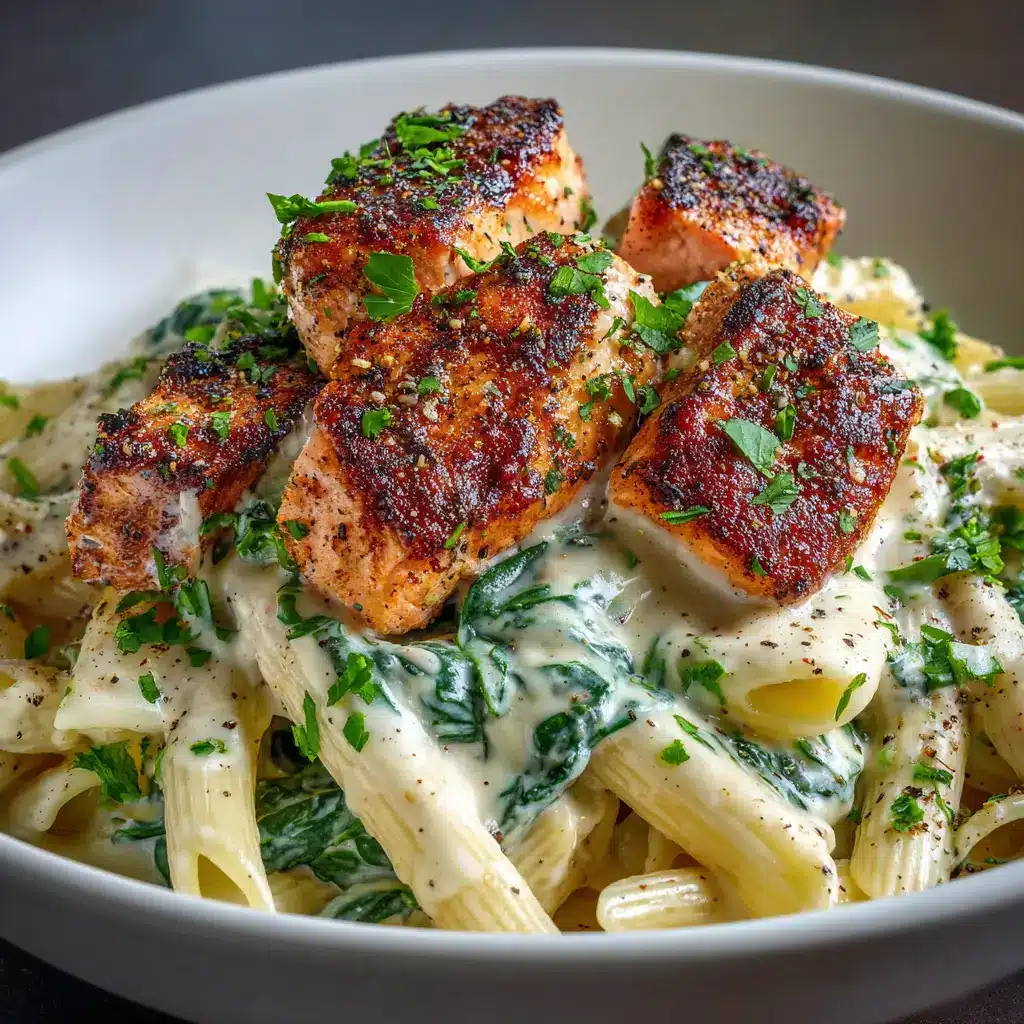 Another high-angle perspective of the finished salmon pasta dish, with a fork gently lifting some of the fettuccine and salmon, showing off the creamy texture.