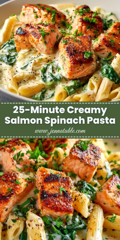 A top-down view of Creamy Salmon Spinach Pasta in a white bowl, garnished with fresh herbs. The title 'Creamy Salmon & Spinach Pasta' is written on the image.