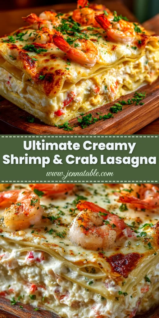 Seafood Lasagna (The Ultimate Creamy Recipe) 4 A large, beautiful slice of creamy seafood lasagna on a white plate, showcasing layers of pasta, white sauce, shrimp, and melted cheese.